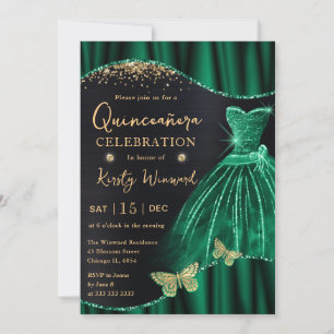Invitación Vestido de Quinceañera de Purpurina Verde Dorado A