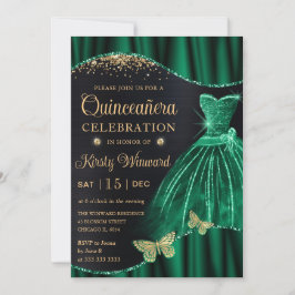 Invitación Vestido de Quinceañera de Purpurina Verde Dorado A
