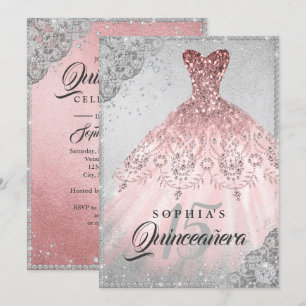 Invitación Vestido de Quinceañera de rosa oro plateado con de