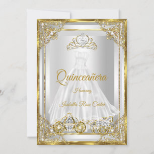 Invitación Vestido de Quinceañera dorado blanco tiara carruaj