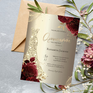 Invitación Vestido de Quinceañera Elegante Lujo Rojo Rosas Do