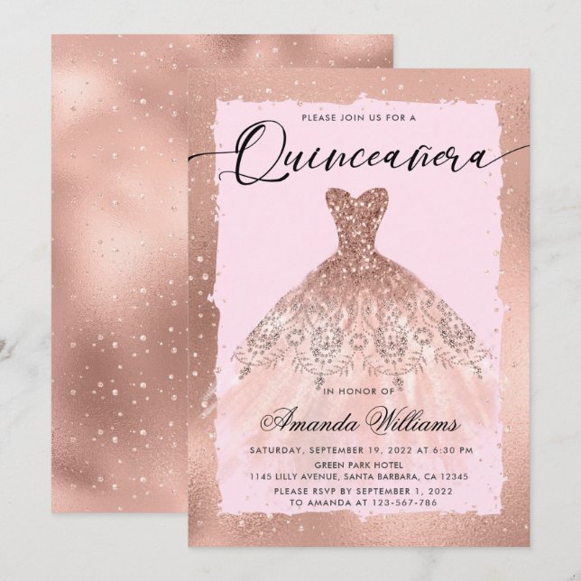 Invitación Vestido de Quinceañera en Rosa Oro (Anverso / Reverso)