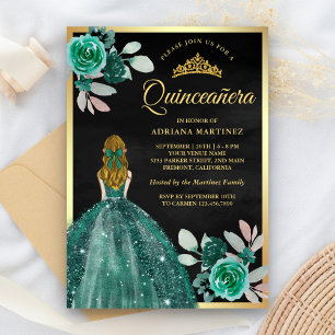 Invitación Vestido de Quinceañera esmeralda rubio negro dorad
