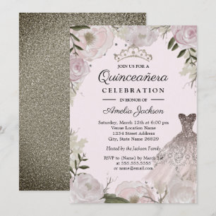 Invitación Vestido de quinceañera floral con destellos de ros