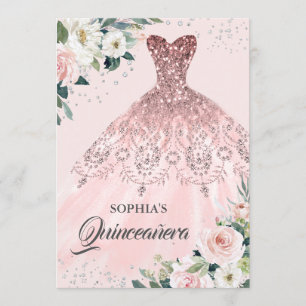 Invitación Vestido de quinceañera floral de oro rosa plateado
