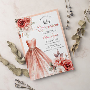 Invitación Vestido de Quinceañera Floral Rosa Dorado con Bril