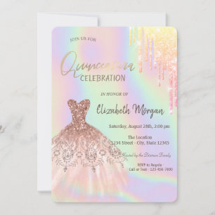 Invitación Vestido de Quinceañera holográfico con gotas de pu