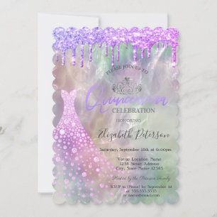 Invitación Vestido de Quinceañera holográfico con gotas de pu