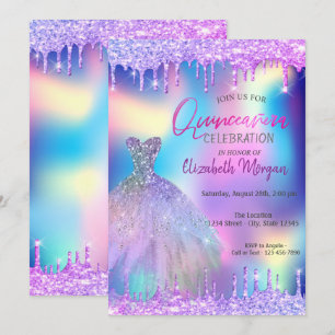 Invitación Vestido de Quinceañera Holográfico Gotitas Violeta