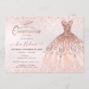 Invitación Vestido de Quinceañera, lentejuelas de oro rosa