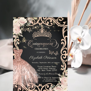 Invitación Vestido de Quinceañera Mariposa Brillo Marco de Fl