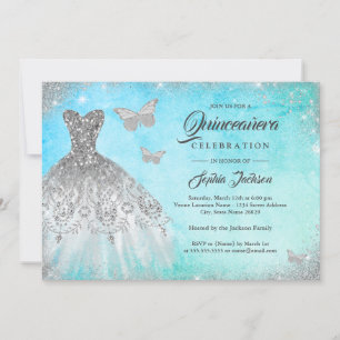Invitación Vestido de quinceañera mariposa con brillo de ment