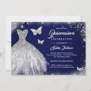 Invitación Vestido de quinceañera mariposa plateado brillante