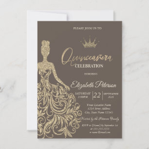 Invitación Vestido de quinceañera marrón con brillo dorado
