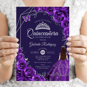 Invitación Vestido de Quinceañera Morado Plateado Floral
