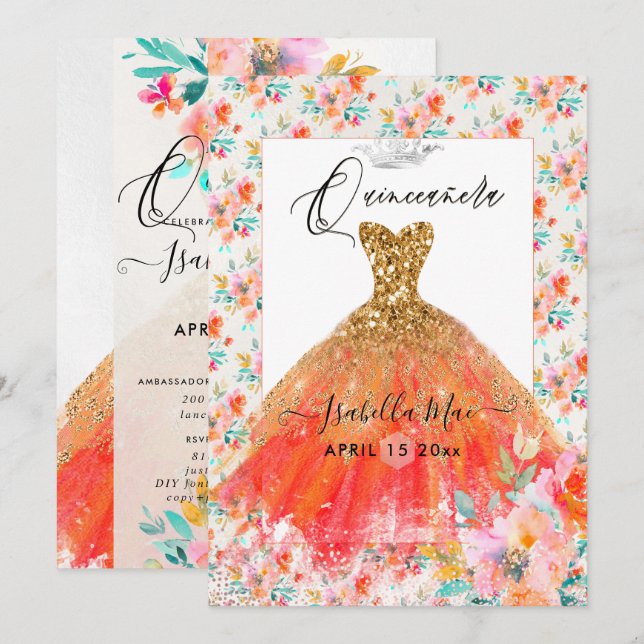 Invitación Vestido de Quinceañera Naranja con Brillo y Flores (Anverso / Reverso)