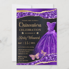Invitación Vestido de Quinceañera Purpura con Brillo de Oro e