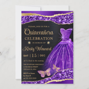Invitación Vestido de Quinceañera Purpura con Brillo de Oro e