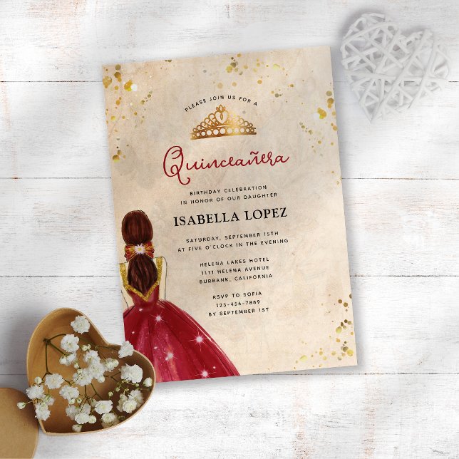 Invitación Vestido de Quinceañera Rojo Dorado Elegante Antigu (Subido por el creador)