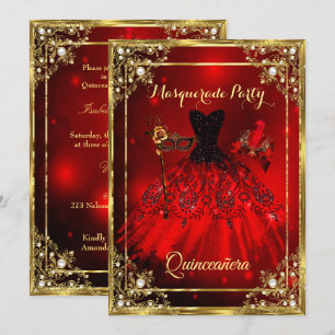 Invitación Vestido de Quinceañera Rojo Dorado Fiesta de Másca