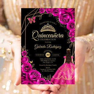 Invitación Vestido de Quinceañera Rosa Fuchsia Dorado Floral