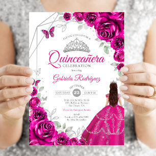 Invitación Vestido de Quinceañera Rosa Fucsia Plateado