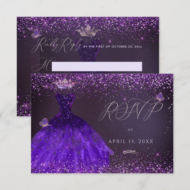 Invitación Vestido de Quinceañera RSVP Butterfly Ultra Violet (Anverso / Reverso)