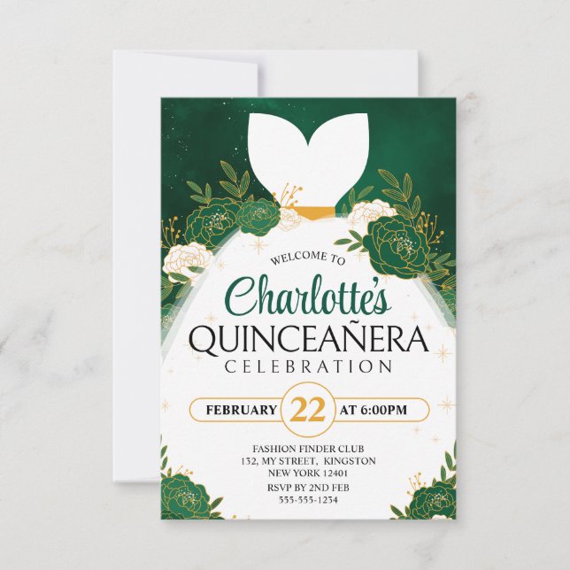 Invitación Vestido de Quinceañera Verde Esmeralda Blanco Prin (Anverso)