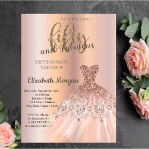 Invitación Vestido de Rosa Dorado, Fiesta de Cumpleaños númer