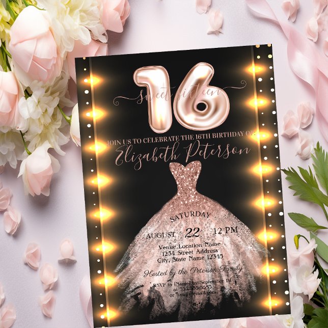 Invitación Vestido de Rosa Dorado Luces de Confeti Dulces 16 (Subido por el creador)