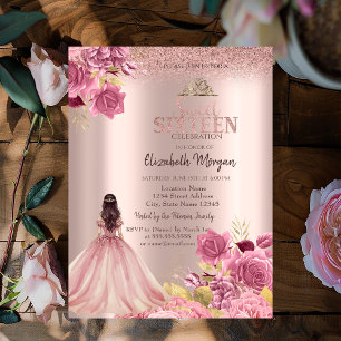 Invitación Vestido de rosas rosadas Glitter Rose Gold Cumple