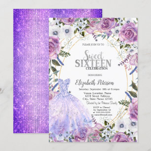 Invitación Vestido de Rosas Violetas Lentejuelas Sweet 16 
