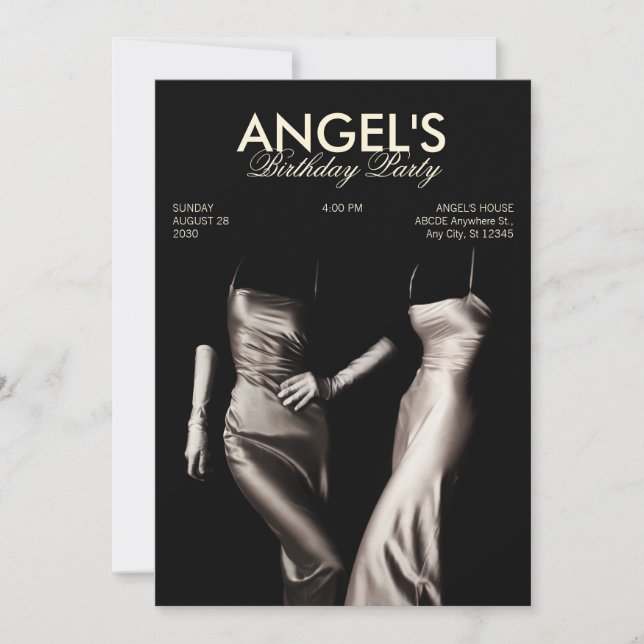 INVITACIÓN VESTIDO DE SEDA DE MODA EN NEGRO Y BLANCO GLAMOUR  (Anverso)