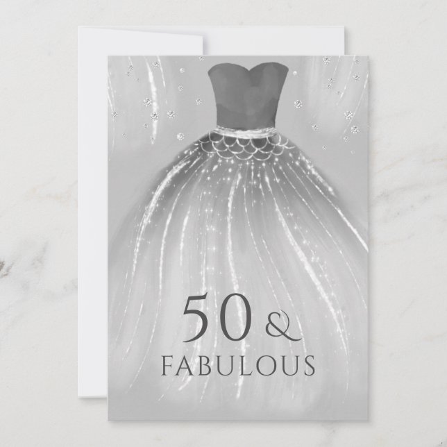 Invitación Vestido de sirena plateado 50 y fabuloso cumpleaño (Anverso)