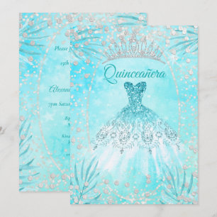 Invitación Vestido de Tiara Azul Turquesa Quinceañera Cumplea