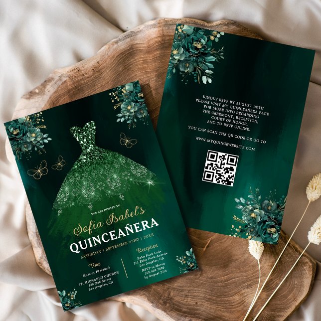 Invitación Vestido de traje verde floral Código QR Quinceaner (Subido por el creador)