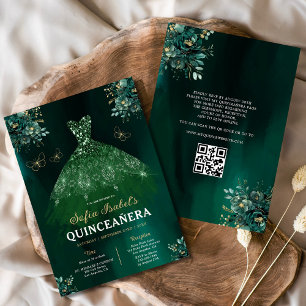 Invitación Vestido de traje verde floral Código QR Quinceaner