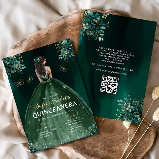 Invitación Vestido de traje verde floral Código QR Quinceaner (Subido por el creador)