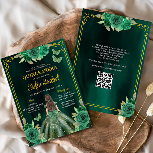 Invitación Vestido de traje verde floral Código QR Quinceaner