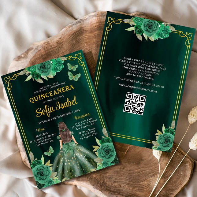 Invitación Vestido de traje verde floral Código QR Quinceaner (Subido por el creador)