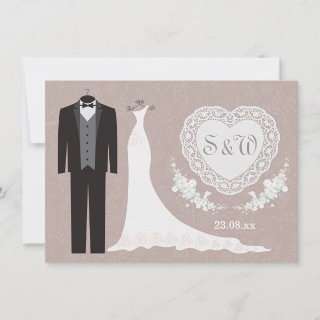 Invitación Vestido de Tuxedo, corazón en Boda gris beige (Anverso)