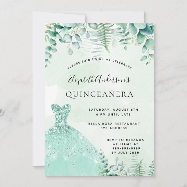 Invitación Vestido de verdor de bosque encantado de Quinceane (Anverso)