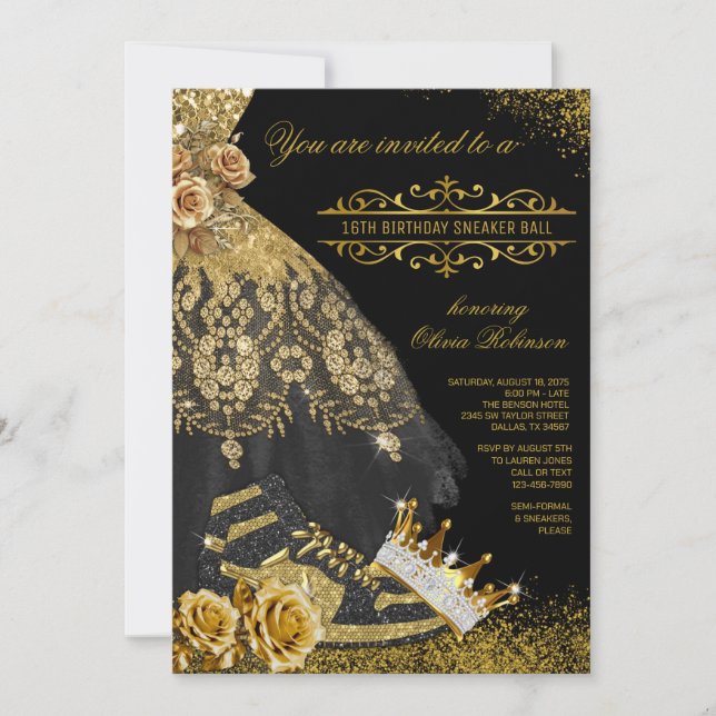 Invitación Vestido de Zapatillas de Oro Negro Baile de Zapati (Anverso)