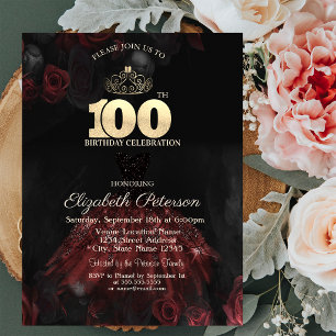 Invitación Vestido, Diadema, Rosas Rojas Cumpleaños 100