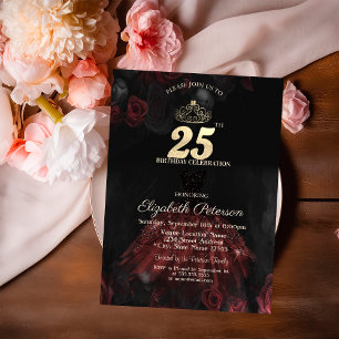 Invitación Vestido, Diadema, Rosas Rojas Cumpleaños 25