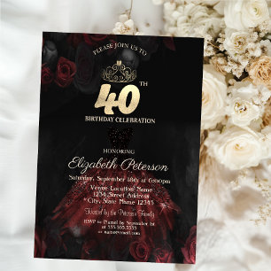 Invitación Vestido, Diadema, Rosas Rojas Cumpleaños 40