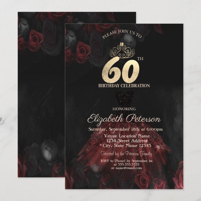 Invitación Vestido, Diadema, Rosas Rojas Cumpleaños 60 (Anverso / Reverso)