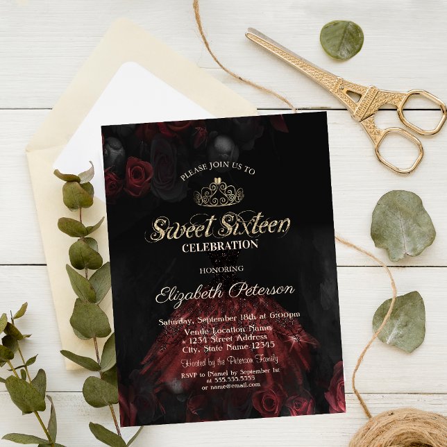 Invitación Vestido, Diadema, Rosas Rojas Dulces 16 (Subido por el creador)