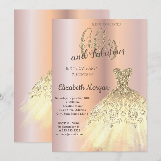 Invitación Vestido dorado chic, fiesta de cumpleaños número 5 (Anverso / Reverso)