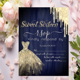 Invitación  Vestido dorado con brillo que gotea Azul dulce 16